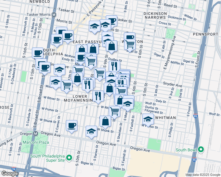 map of restaurants, bars, coffee shops, grocery stores, and more near 2212 South 8th Street in Philadelphia