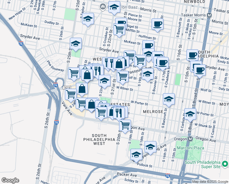 map of restaurants, bars, coffee shops, grocery stores, and more near 2415 South 21st Street in Philadelphia