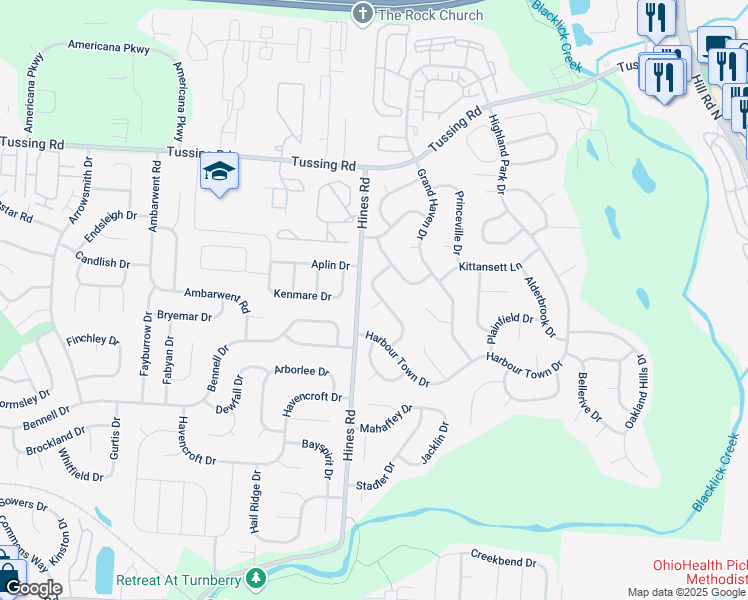 map of restaurants, bars, coffee shops, grocery stores, and more near 7400 Olympic Club Court in Pickerington