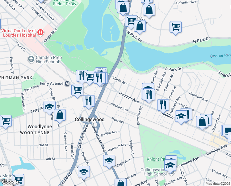 map of restaurants, bars, coffee shops, grocery stores, and more near 5 West Narberth Terrace in Collingswood