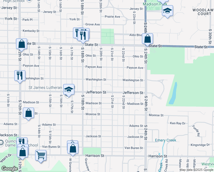 map of restaurants, bars, coffee shops, grocery stores, and more near 2001 Jefferson Street in Quincy