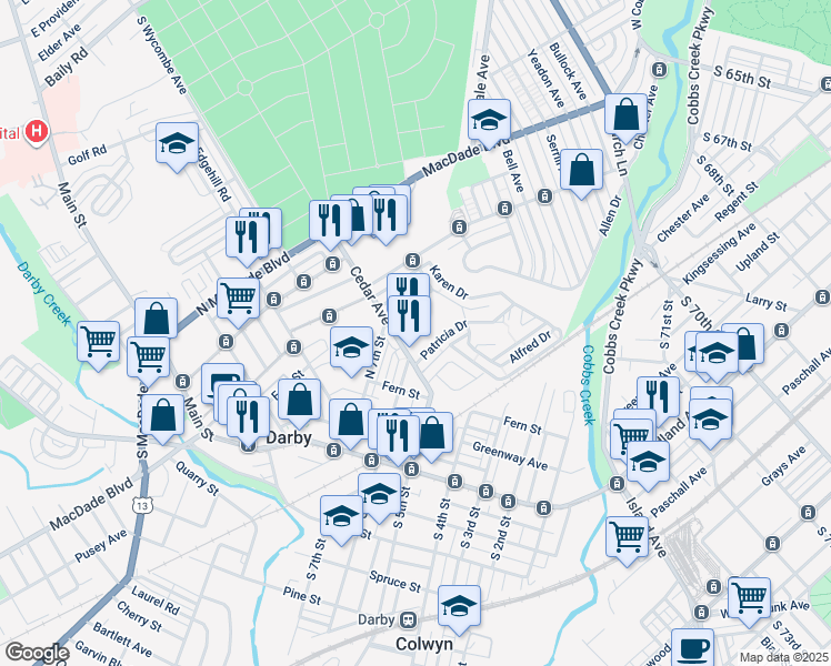 map of restaurants, bars, coffee shops, grocery stores, and more near 1604 Patricia Drive in Yeadon