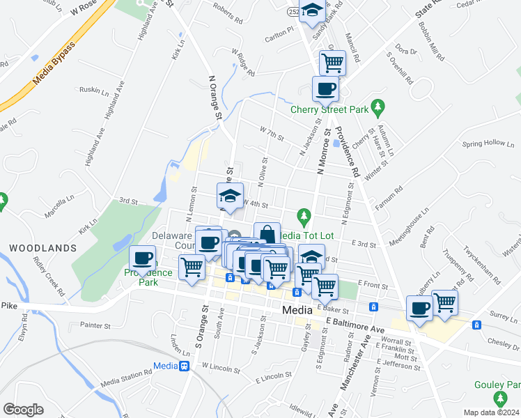 map of restaurants, bars, coffee shops, grocery stores, and more near 327 North Olive Street in Media