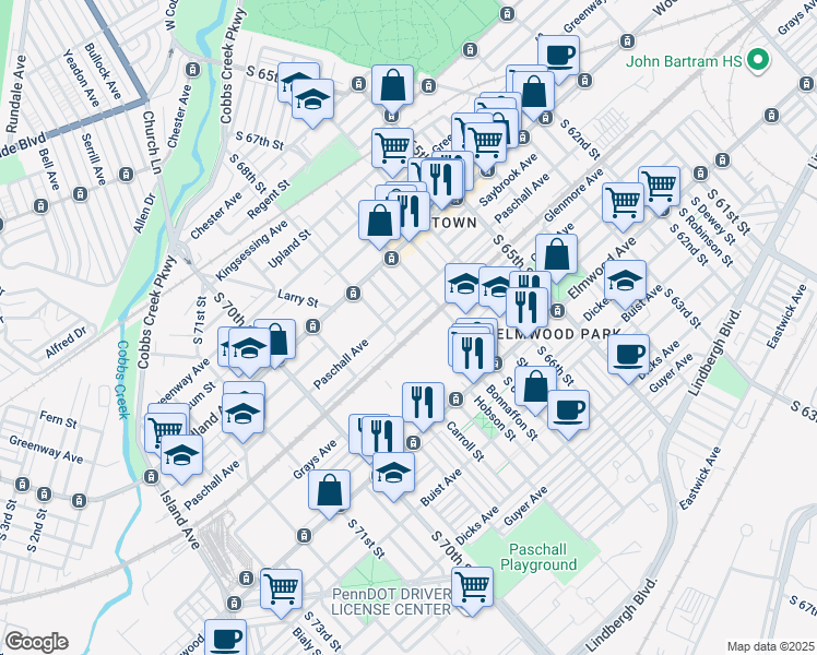 map of restaurants, bars, coffee shops, grocery stores, and more near 6746 Linmore Avenue in Philadelphia