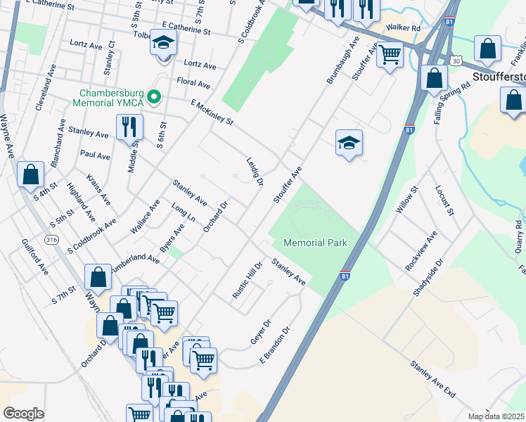 map of restaurants, bars, coffee shops, grocery stores, and more near 729 Stouffer Avenue in Chambersburg