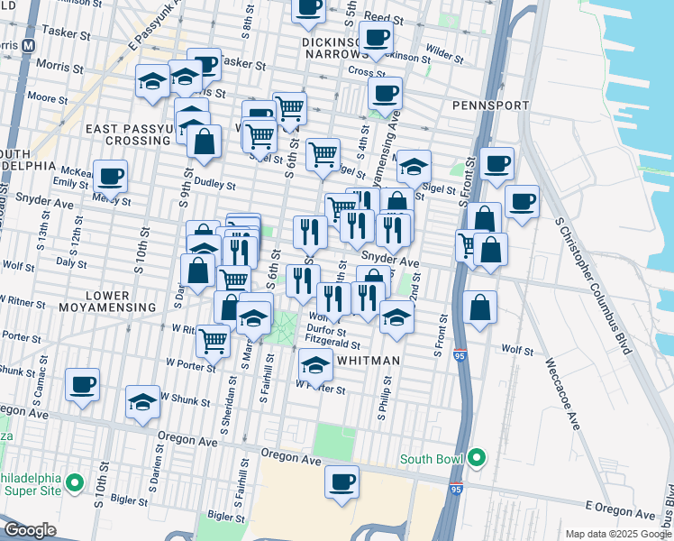 map of restaurants, bars, coffee shops, grocery stores, and more near 2126 South 4th Street in Philadelphia
