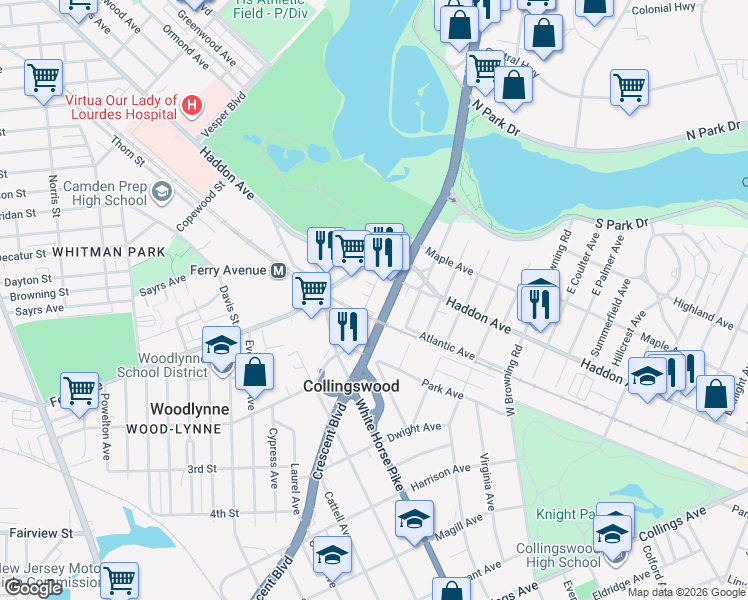 map of restaurants, bars, coffee shops, grocery stores, and more near 42 West Crescent Boulevard in Collingswood