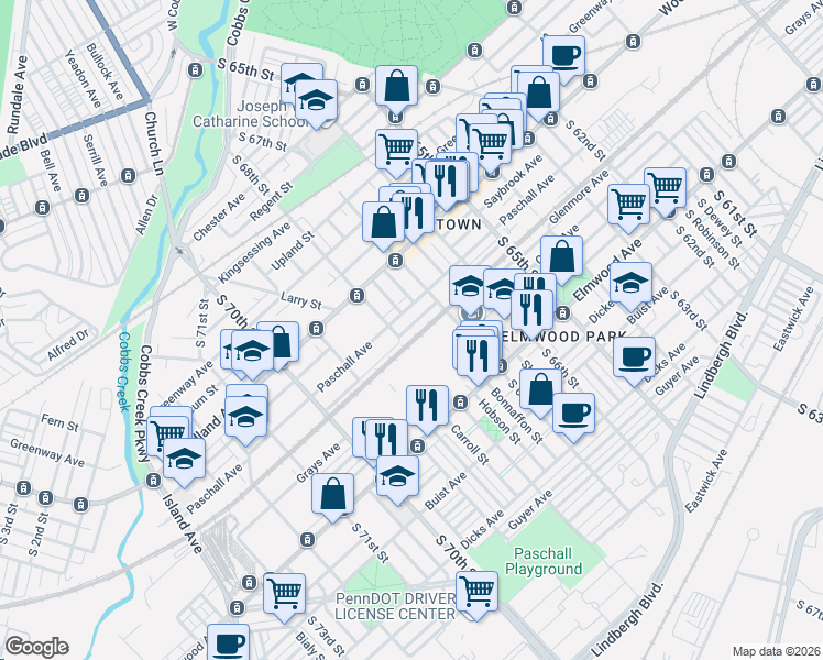 map of restaurants, bars, coffee shops, grocery stores, and more near 6746 Linmore Avenue in Philadelphia
