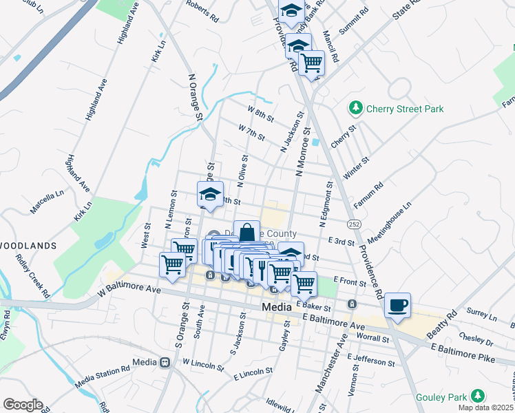 map of restaurants, bars, coffee shops, grocery stores, and more near 28 West 4th Street in Media