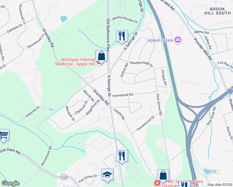 map of restaurants, bars, coffee shops, grocery stores, and more near 38 Homeland Road in York