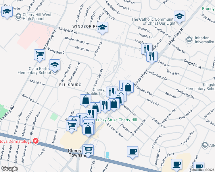 map of restaurants, bars, coffee shops, grocery stores, and more near 76 Windsor Mews in Cherry Hill