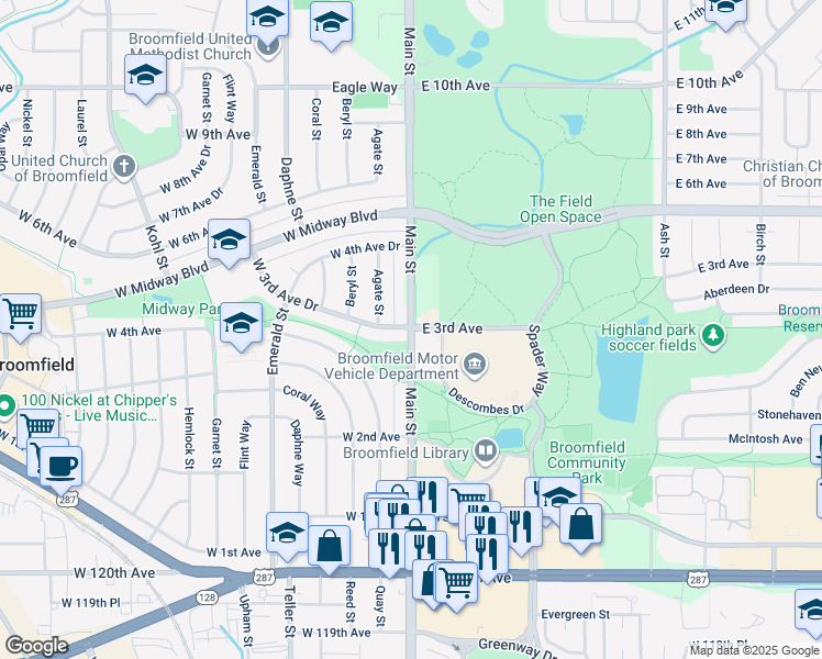 map of restaurants, bars, coffee shops, grocery stores, and more near Main Street in Broomfield
