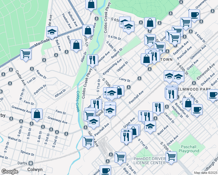 map of restaurants, bars, coffee shops, grocery stores, and more near 7018 Greenway Avenue in Philadelphia