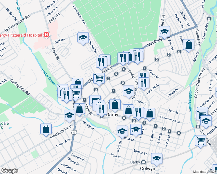 map of restaurants, bars, coffee shops, grocery stores, and more near 135 North 9th Street in Darby