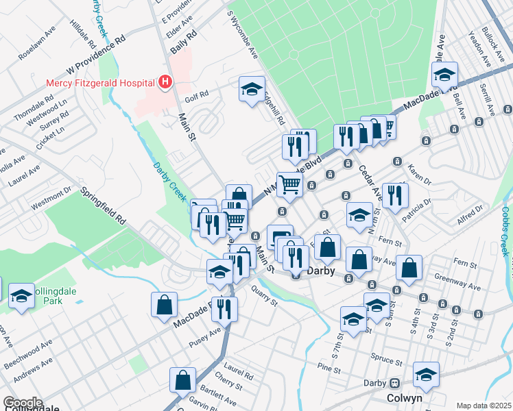 map of restaurants, bars, coffee shops, grocery stores, and more near 33 North 10th Street in Darby
