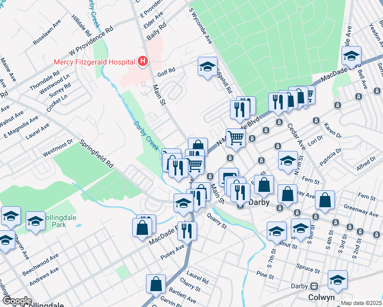 map of restaurants, bars, coffee shops, grocery stores, and more near 1026 Main Street in Darby