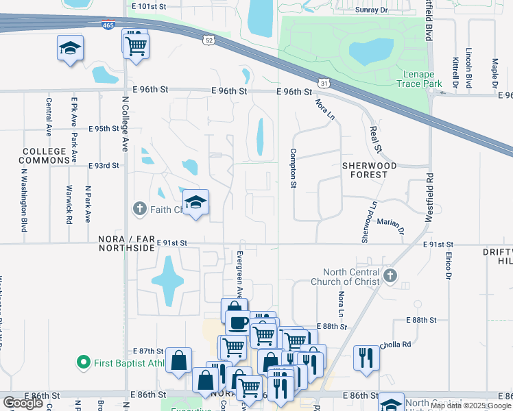 map of restaurants, bars, coffee shops, grocery stores, and more near 9191 Garrison Drive in Indianapolis