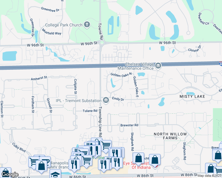 map of restaurants, bars, coffee shops, grocery stores, and more near 9192 Golden Leaf Way in Indianapolis