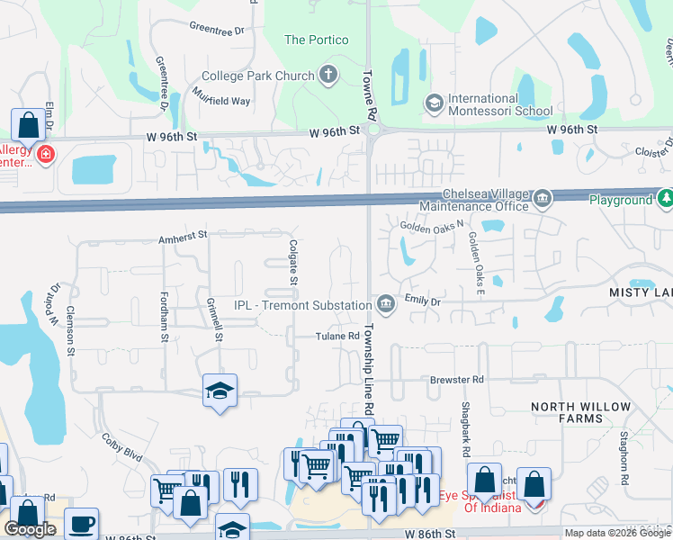 map of restaurants, bars, coffee shops, grocery stores, and more near 9218 Cinnebar Drive in Indianapolis