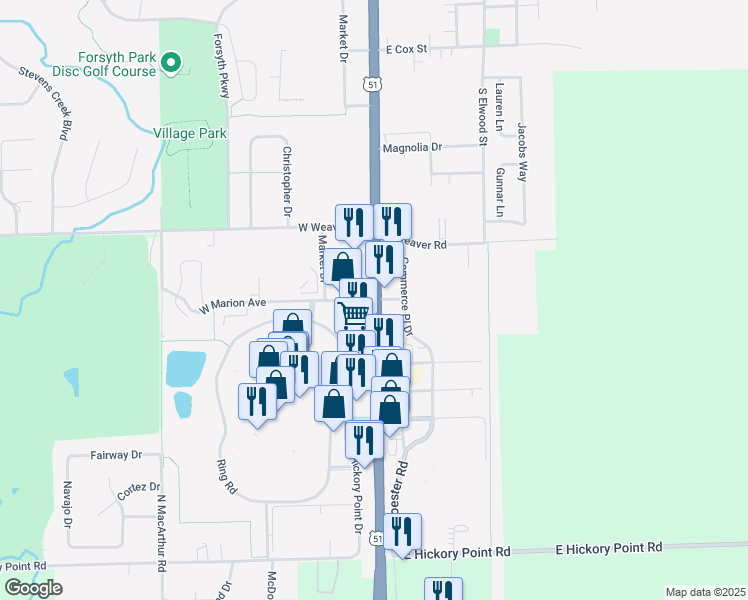 map of restaurants, bars, coffee shops, grocery stores, and more near U.S. 51 in Forsyth