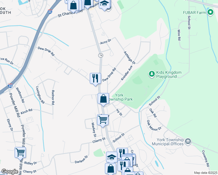 map of restaurants, bars, coffee shops, grocery stores, and more near 2317 South Pine Street in York
