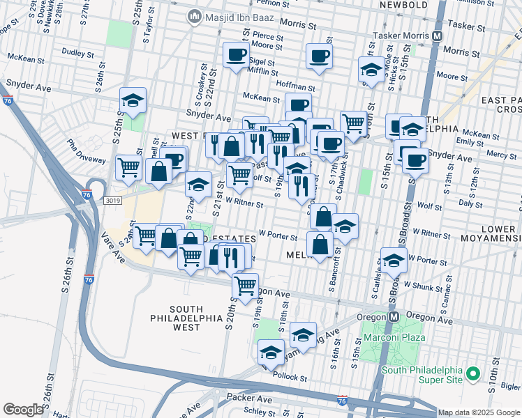 map of restaurants, bars, coffee shops, grocery stores, and more near 2405 South Opal Street in Philadelphia