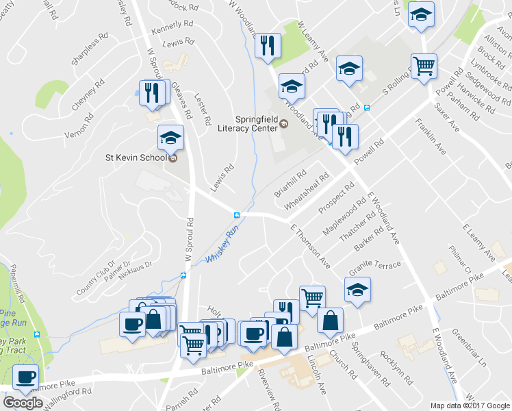 map of restaurants, bars, coffee shops, grocery stores, and more near 11 East Thomson Avenue in Springfield