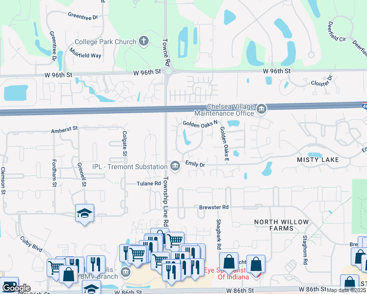 map of restaurants, bars, coffee shops, grocery stores, and more near 9192 Golden Leaf Way in Indianapolis