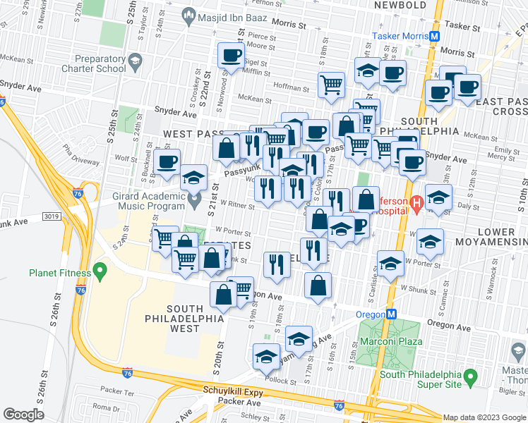 map of restaurants, bars, coffee shops, grocery stores, and more near 2401 South Garnet Street in Philadelphia
