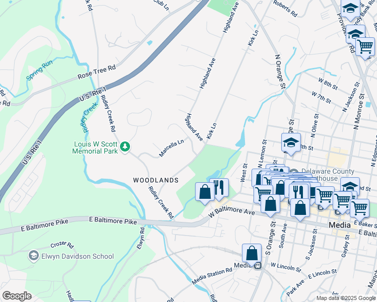 map of restaurants, bars, coffee shops, grocery stores, and more near 25 Diemer Drive in Media