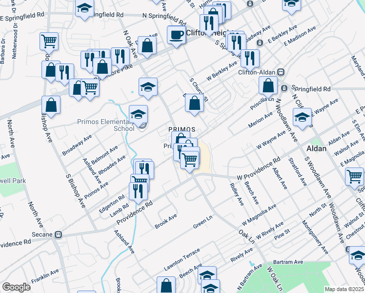 map of restaurants, bars, coffee shops, grocery stores, and more near 814 Secane Avenue in Clifton Heights
