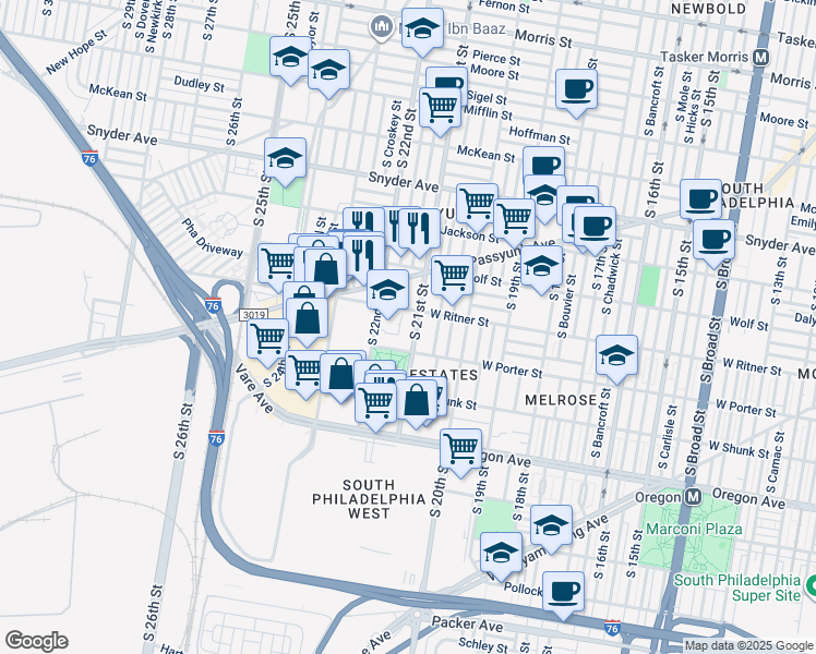 map of restaurants, bars, coffee shops, grocery stores, and more near 2414 South 21st Street in Philadelphia