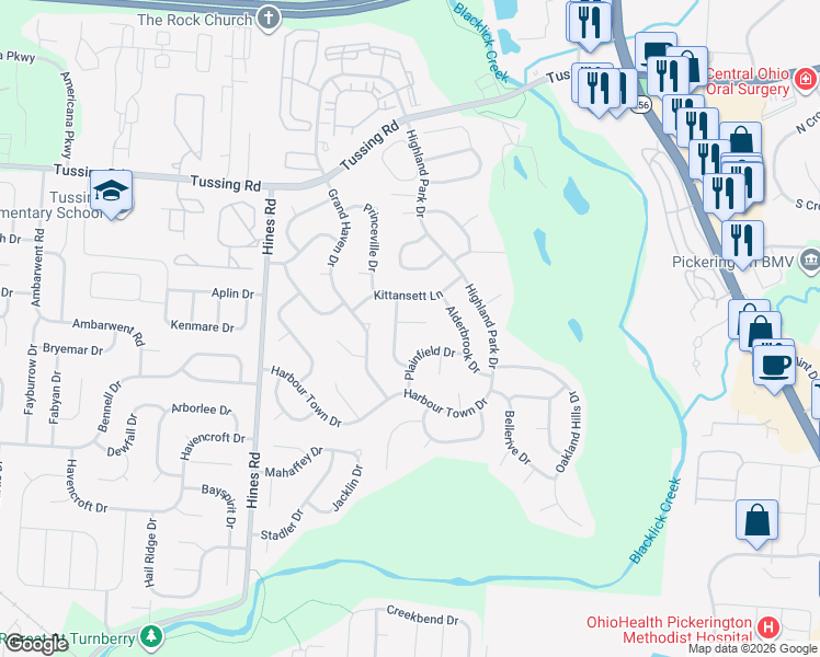 map of restaurants, bars, coffee shops, grocery stores, and more near 7594 Plainfield Drive in Pickerington