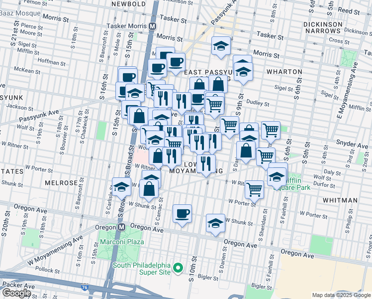 map of restaurants, bars, coffee shops, grocery stores, and more near in Philadelphia