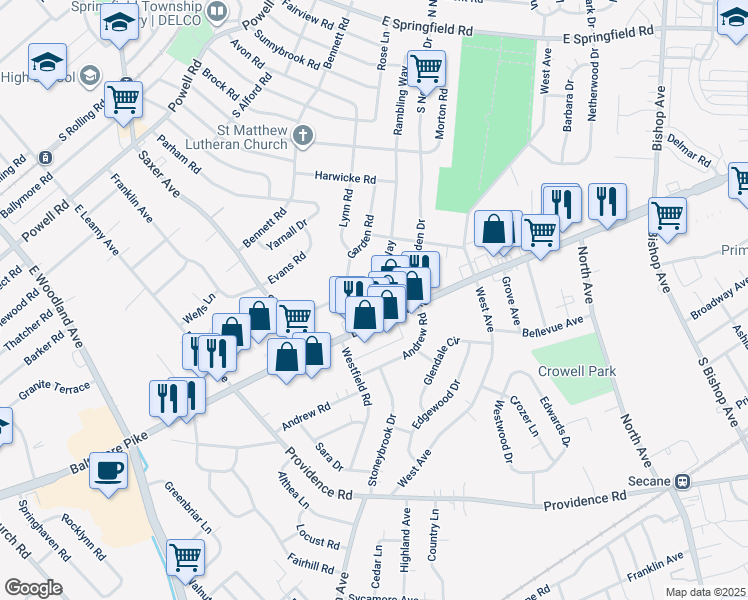 map of restaurants, bars, coffee shops, grocery stores, and more near 360 Rambling Way in Springfield