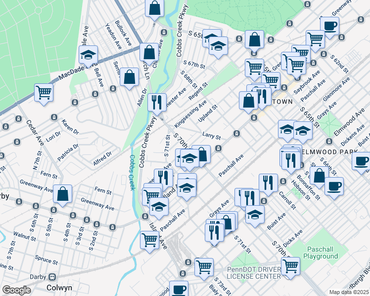map of restaurants, bars, coffee shops, grocery stores, and more near 7018 Greenway Avenue in Philadelphia