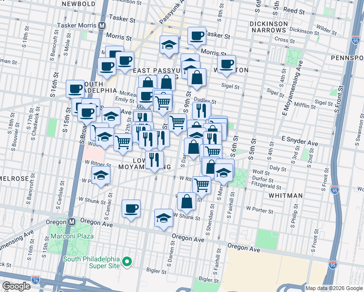 map of restaurants, bars, coffee shops, grocery stores, and more near 2215 South 9th Street in Philadelphia