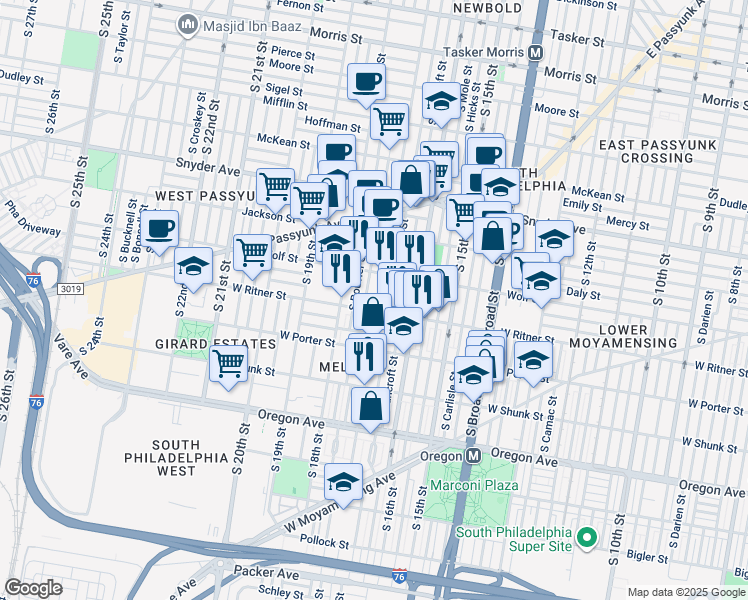 map of restaurants, bars, coffee shops, grocery stores, and more near 2336 South 17th Street in Philadelphia