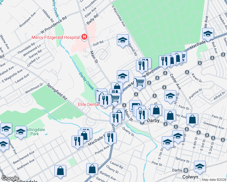 map of restaurants, bars, coffee shops, grocery stores, and more near 1026 Main Street in Darby