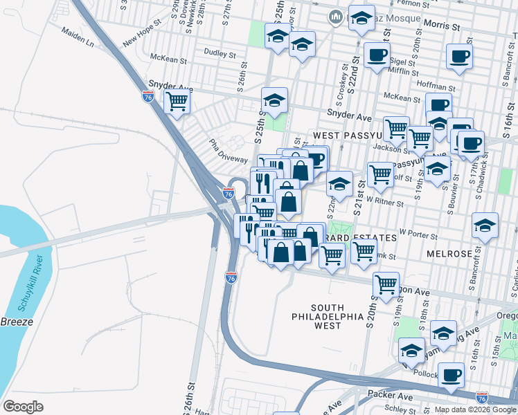 map of restaurants, bars, coffee shops, grocery stores, and more near 2518 South 24th Street in Philadelphia