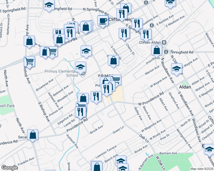 map of restaurants, bars, coffee shops, grocery stores, and more near 943 Secane Avenue in Clifton Heights