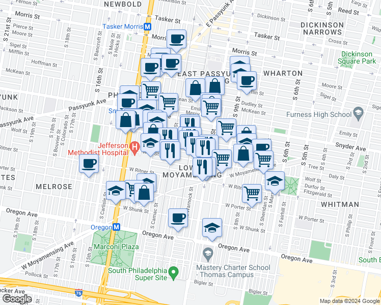 map of restaurants, bars, coffee shops, grocery stores, and more near S 11th St & Daly St in Philadelphia