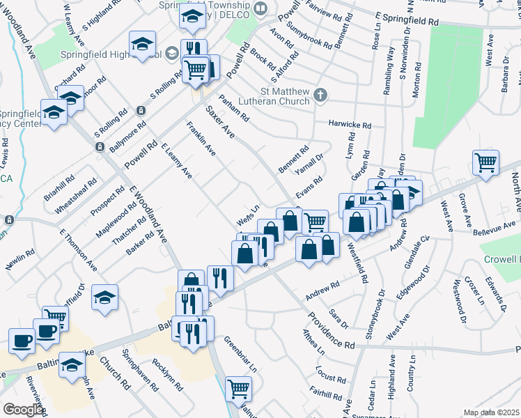 map of restaurants, bars, coffee shops, grocery stores, and more near 213 Wells Lane in Springfield