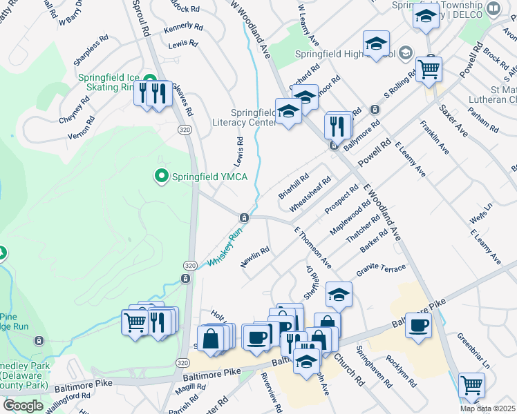 map of restaurants, bars, coffee shops, grocery stores, and more near 11 East Thomson Avenue in Springfield