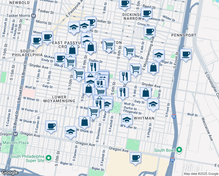 map of restaurants, bars, coffee shops, grocery stores, and more near 615 Jackson Street in Philadelphia