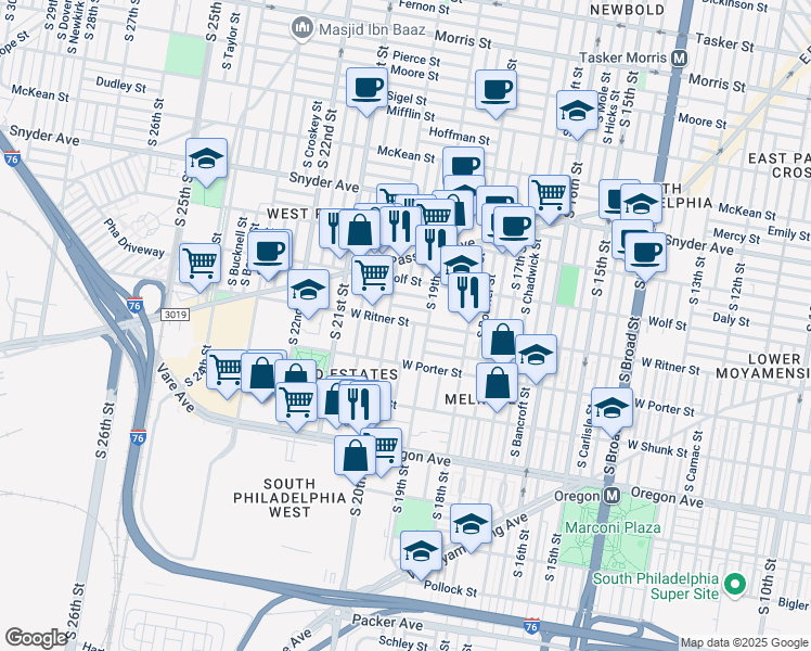 map of restaurants, bars, coffee shops, grocery stores, and more near 2401 South Opal Street in Philadelphia