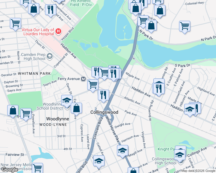map of restaurants, bars, coffee shops, grocery stores, and more near 51 Bellevue Terrace in Collingswood