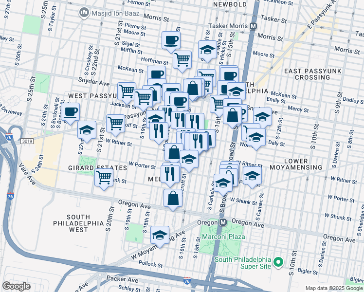 map of restaurants, bars, coffee shops, grocery stores, and more near 2334 South Chadwick Street in Philadelphia