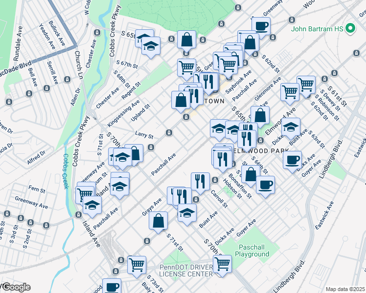 map of restaurants, bars, coffee shops, grocery stores, and more near Paschall Avenue in Philadelphia