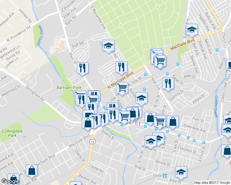 map of restaurants, bars, coffee shops, grocery stores, and more near 1005 Ridge Avenue in Darby